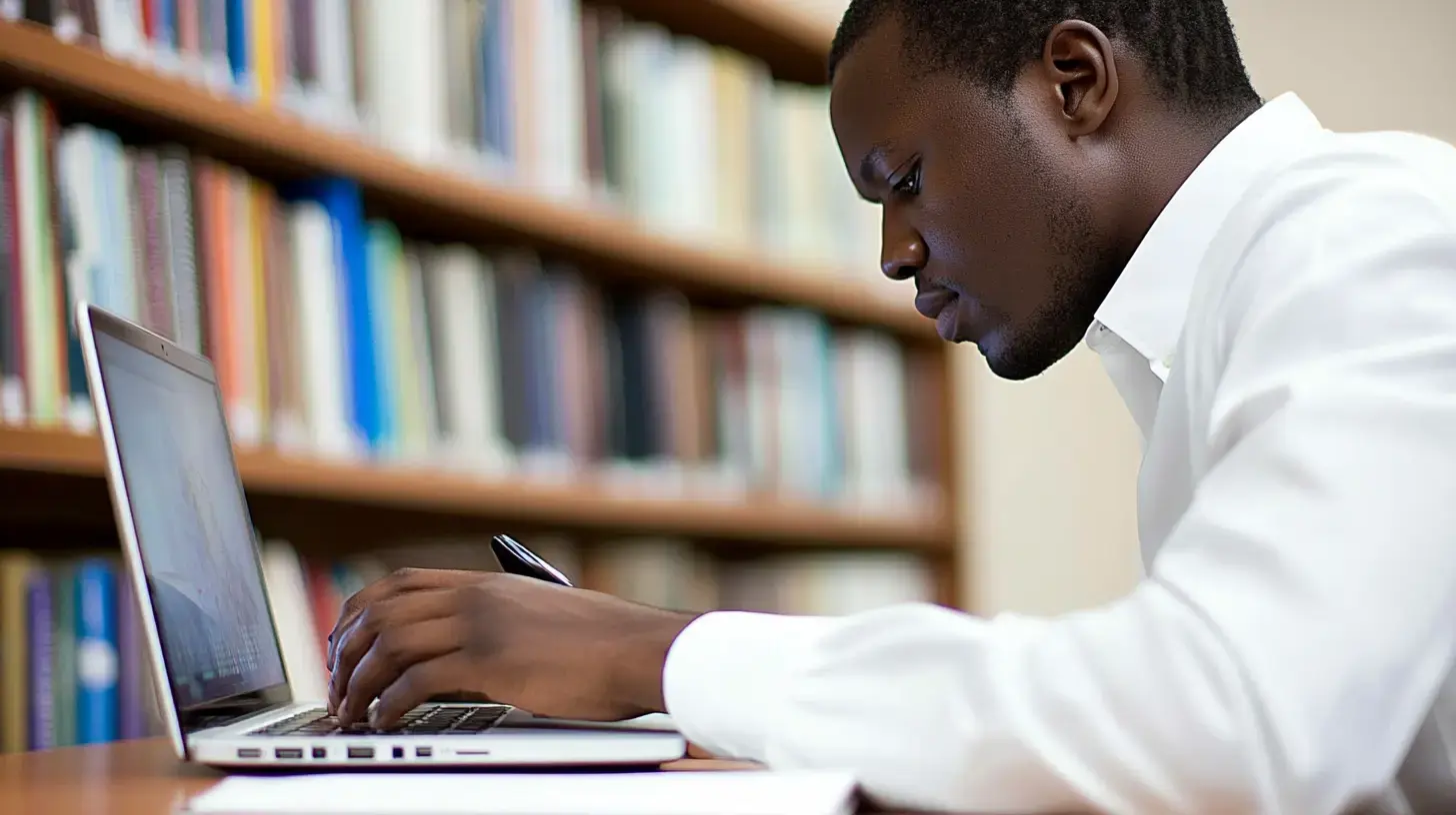 Person typing on laptop at clean desk with psychology books, notebook, pen, and calm indoor setting.