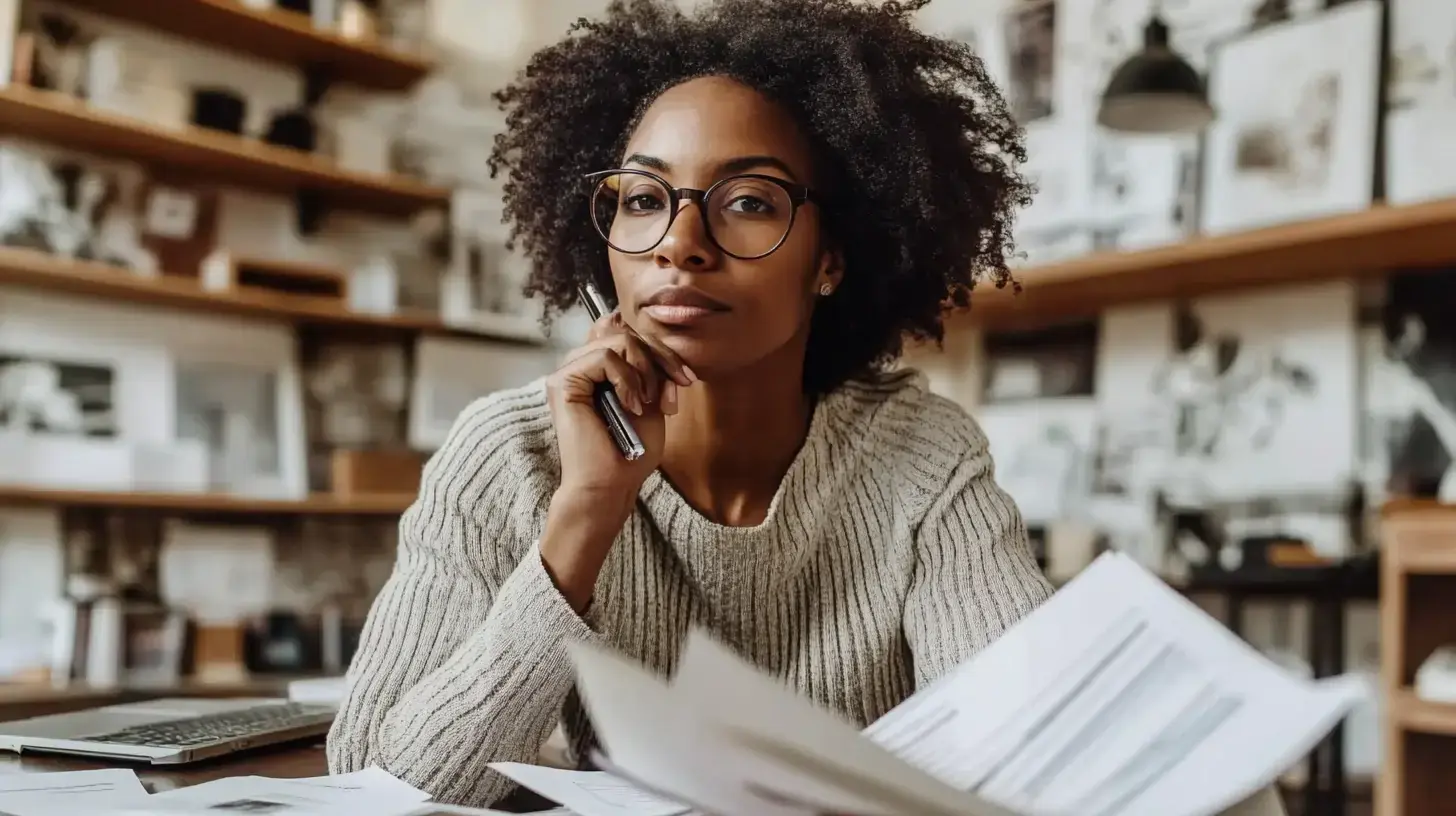 A professional focused on decision-making at a desk with documents in a modern office.