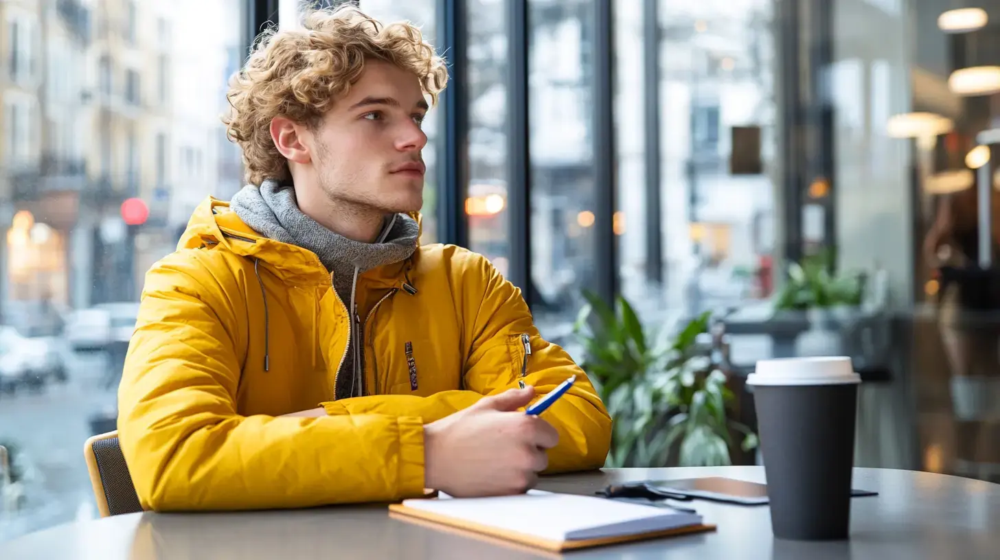 Person holding coffee at a clean desk near a window, reflecting calmly, with plants in the background