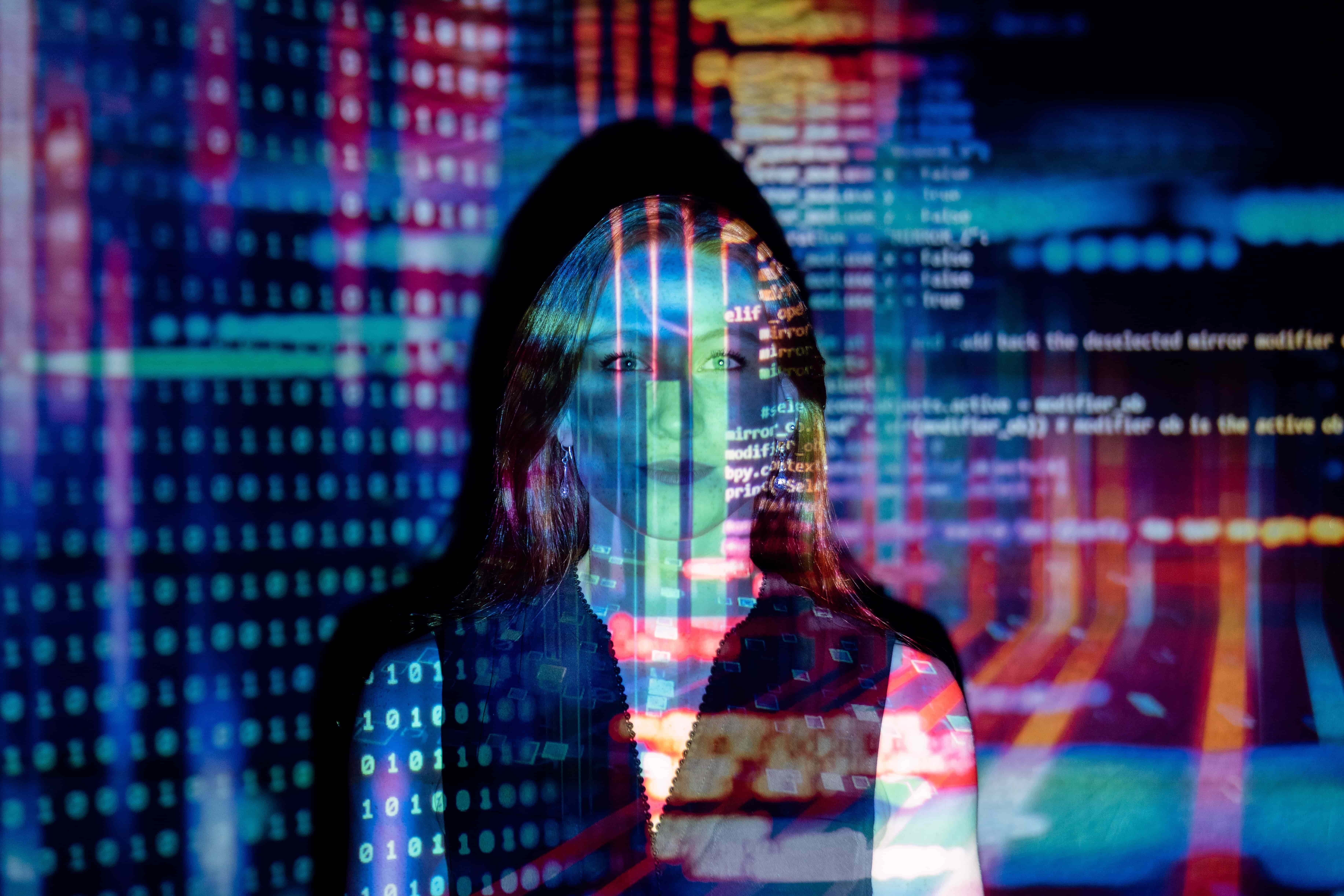 Woman surrounded by digital information